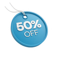 Blue circular tag with fifty percent off discount message and string isolated on transparent background