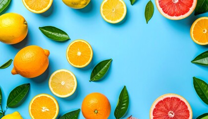 Vibrant citrus fruits and leaves arranged on a bright blue background, creating a refreshing and healthy composition.