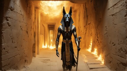 Anubis, the god of the underworld, walks through blazing temple corridors as fire and shadow dance in divine judgment. Anubis returns from the beyond. 1
