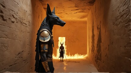 Anubis, the god of the underworld, walks through blazing temple corridors as fire and shadow dance in divine judgment. Anubis returns from the beyond. 2
