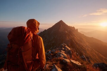 Adventurer Contemplating Majestic Mountain Peak at Sunrise
