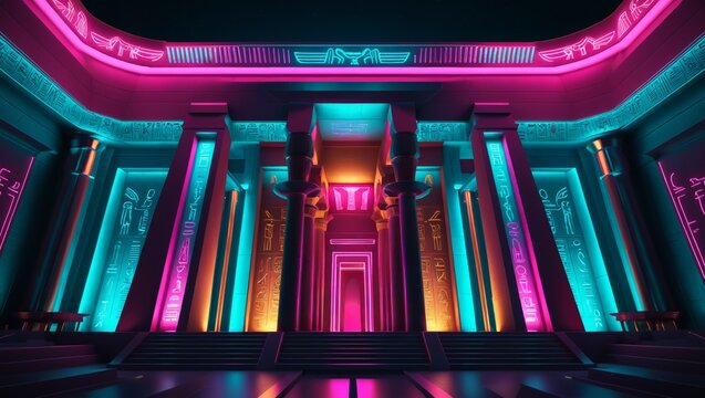 A dazzling neon-lit Egyptian temple reimagined in cyberpunk style, blending ancient mysticism with futuristic color and electric grandeur. Vibrant columns and glowing hieroglyphs. 1