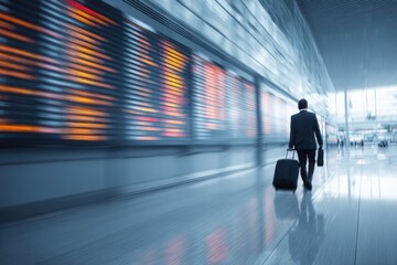 Business Traveler Walking in Modern Airport Terminal with Motion Blur