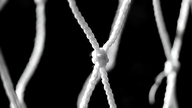 Macro Shot of White Knotted Rope on Black Background Detailed Texture and Sharp Lighting