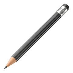 A sleek black pencil with a sharpened graphite tip and silver ferrule isolated on transparent background