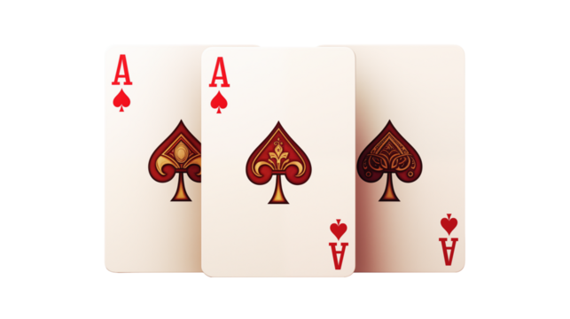 Three ace cards show luck in playing card game on a transparent background.