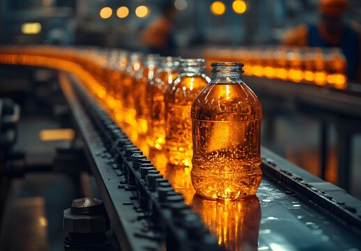 Illuminated Bottles on Conveyor Belt: Industrial Production with