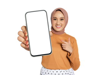 Surprised woman wearing hijab pointing at blank smartphone screen isolated on transparent background