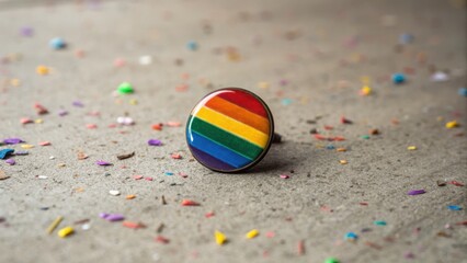 Obraz premium A colorful rainbow pin rests on a textured surface surrounded by scattered confetti, symbolizing pride and celebration.