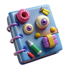 Whimsical 3d rendering of a blue notebook with playful school supplies isolated on transparent background
