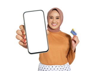 Smiling woman wearing hijab showing blank smartphone screen and holding credit card isolated on transparent background