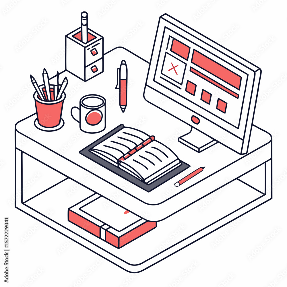 Aufkleber desk setup with computer notebook pens and mug vector