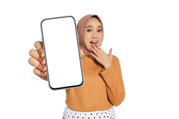 Surprised woman wearing hijab covering mouth and showing blank smartphone screen isolated on transparent background