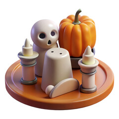 Cute 3d halloween scene with ghost pumpkin and candles on a tray isolated on transparent background