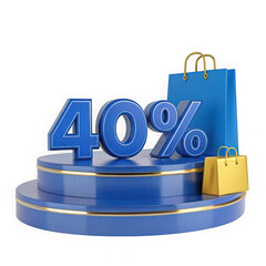 Blue 3d forty percent discount with shopping bags on a pedestal isolated on transparent background