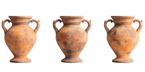 Three terracotta amphorae, displaying variations in earthenware texture
