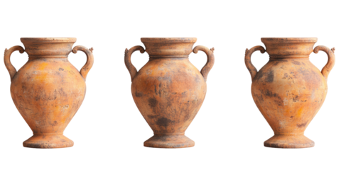 Three terracotta amphorae, displaying variations in earthenware texture