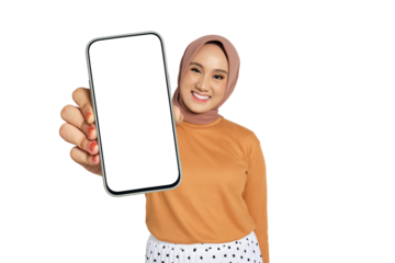 Confident woman wearing hijab holding smartphone with blank screen isolated on transparent background