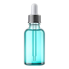 Clear glass dropper bottle filled with turquoise liquid isolated on transparent background