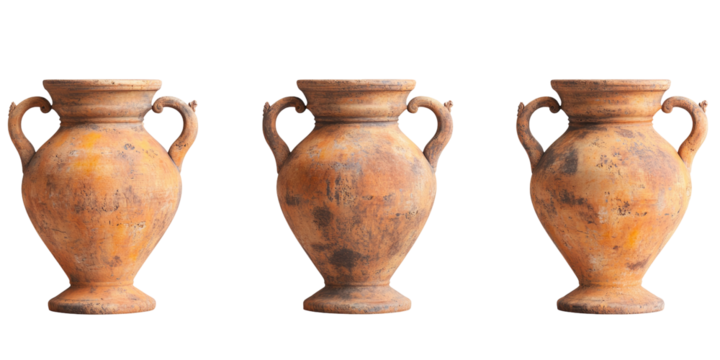 Three terracotta amphorae, displaying variations in earthenware texture