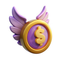 Stylized golden coin with dollar symbol and purple wings isolated on transparent background