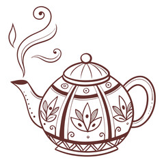 Ornate brown teapot with steam rising decorative