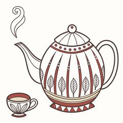 Ornate teapot and cup with steam beverage drink