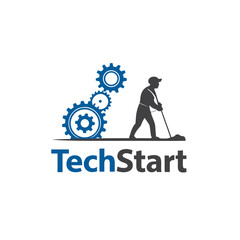 Blue gears and person with broom logo technology startup