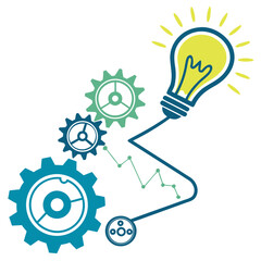 Blue green gears connected to glowing light bulb technology startup