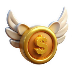Golden dollar coin with white wings flying isolated on transparent background