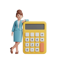 Businesswoman leaning on a yellow calculator isolated on transparent background
