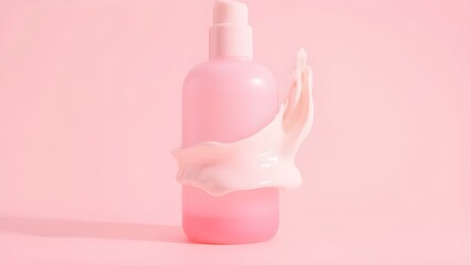 Stylish pink skincare container with white splash detail on a pink-toned setting.










