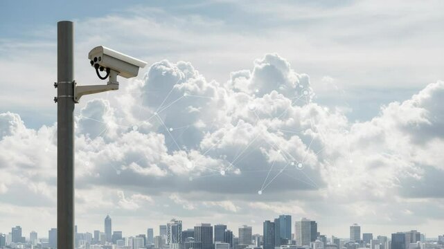 A security camera monitors the city skyline with a digital network overlay against cloudy sky