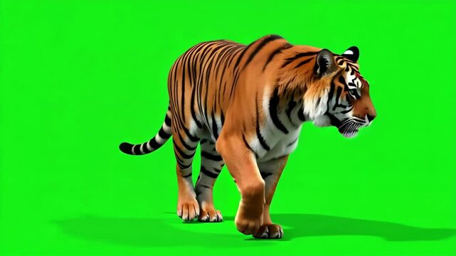 Watch a majestic tiger gracefully walk in slow motion against a green screen backdrop, a looped 4k clip ideal for visual effects and digital compositing.