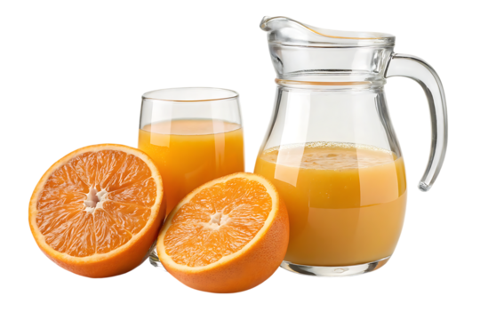 Fresh orange juice in glass pitcher and cup with sliced oranges image