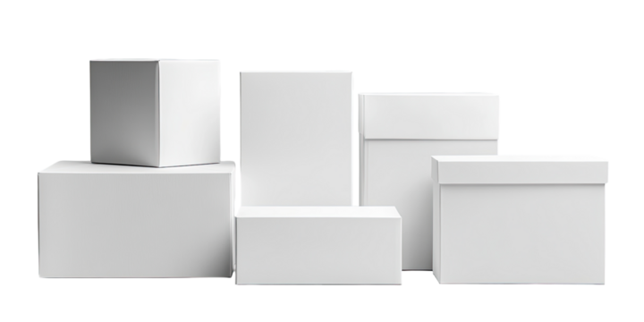 Several blank white boxes of various shapes and sizes