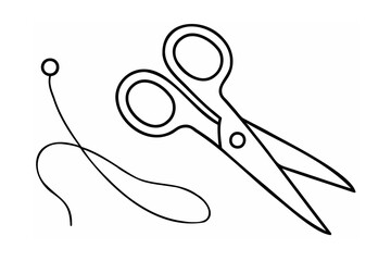 Black outline scissors and thread sewing cutting