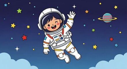 Adorable Astronaut Girl Floating in Space A Fun Kids Illustration