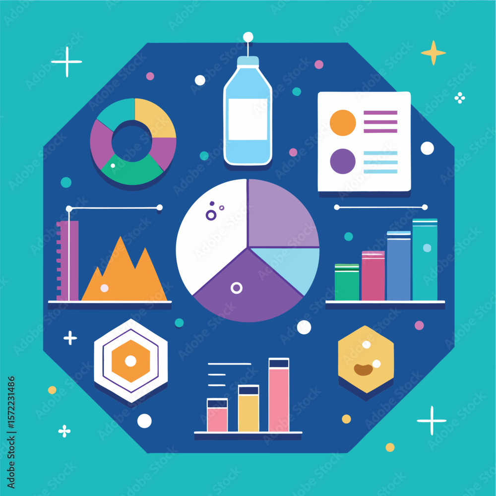 Poster a colorful and creative flat design illustration featuring various charts graphs and other visual da
