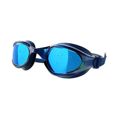 Modern blue swimming goggles with reflective lenses and water droplets isolated on transparent background