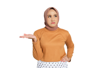 Unimpressed young Muslim woman in hijab raising hand with annoyed expression isolated on transparent background