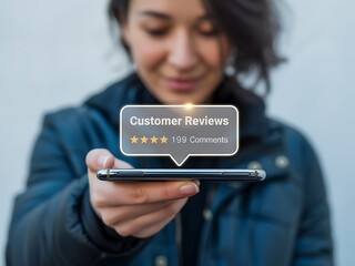 Person holding smartphone displaying customer reviews with star ratings and comment count image