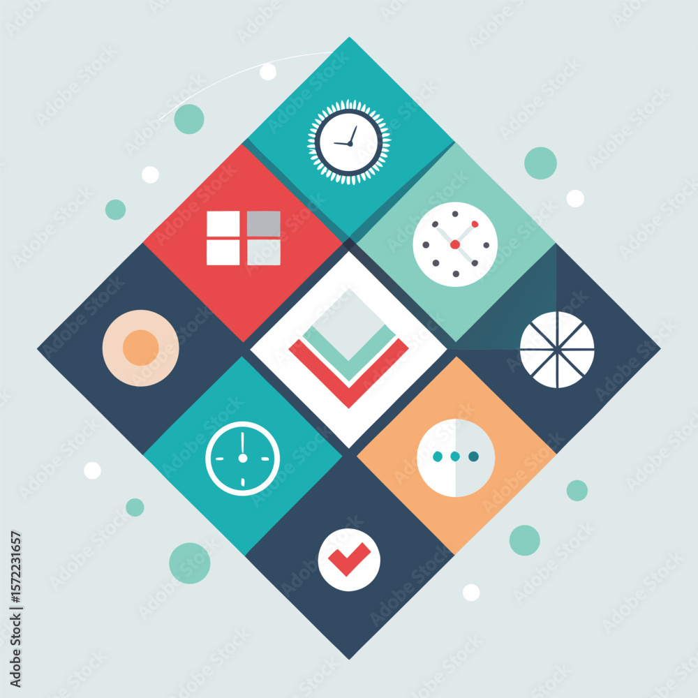 Poster abstract geometric composition featuring clocks and various iconographic elements in a creative and 