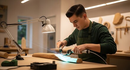Craftsman Shaping Wood with Precision Tools in Workshop