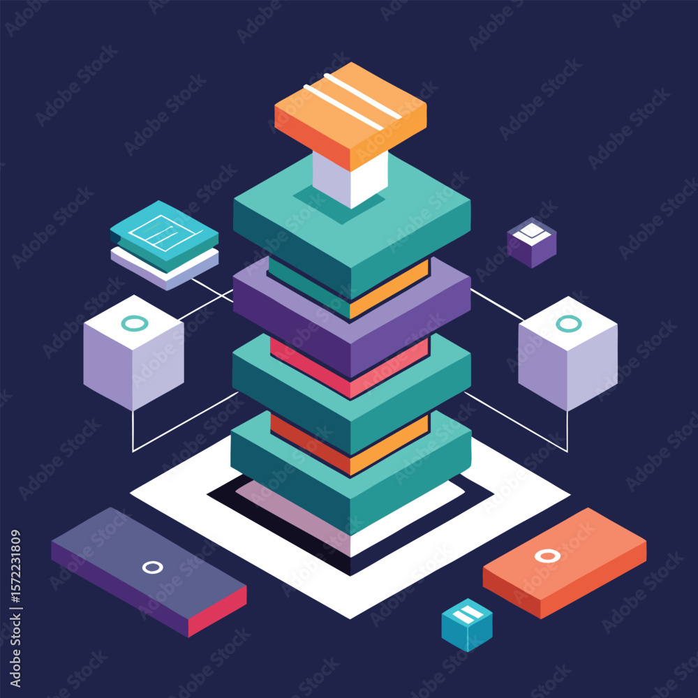 Poster abstract geometric data server representation with connected cubes on a dark blue background depicti
