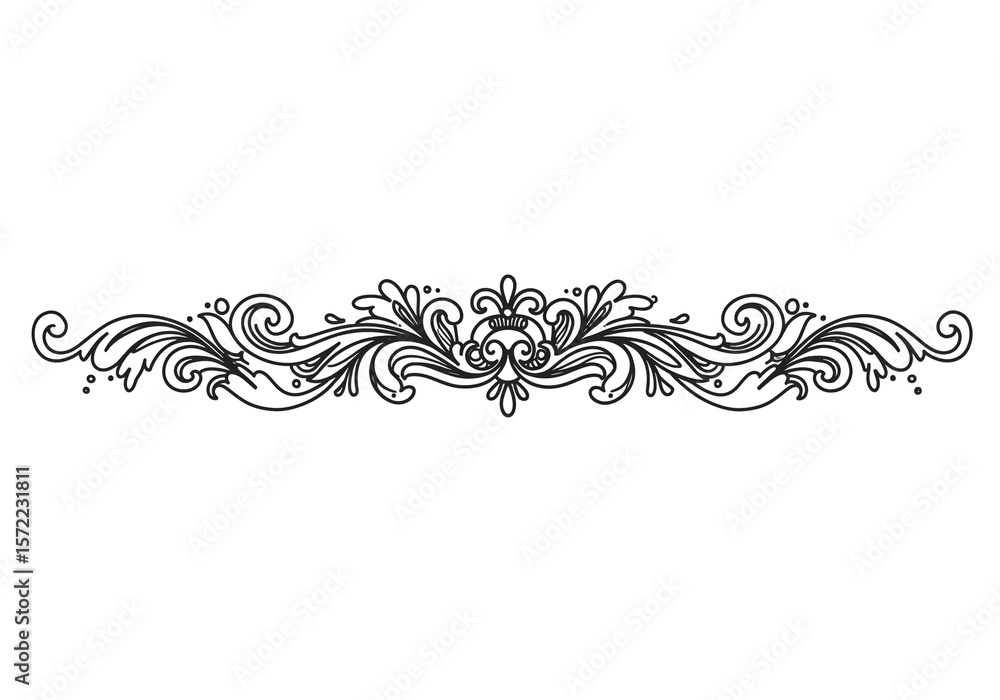 Poster a symmetrical flourish design element with swirls and dots on a white background in black outline