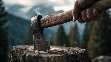 Axe in Stump, Hand Holding Handle with Mountain Forest Backdrop