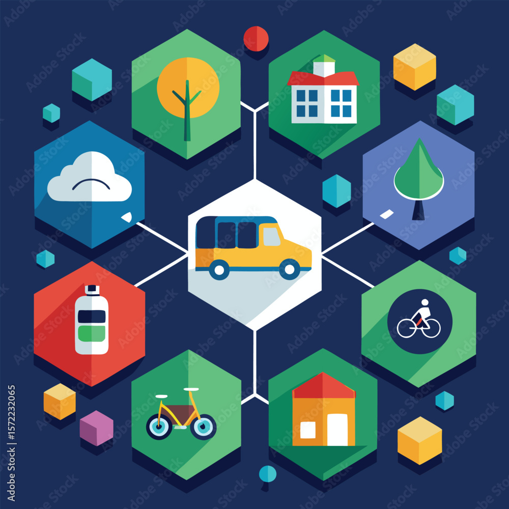 Poster abstract illustration depicting various transportation and nature related elements connected by line