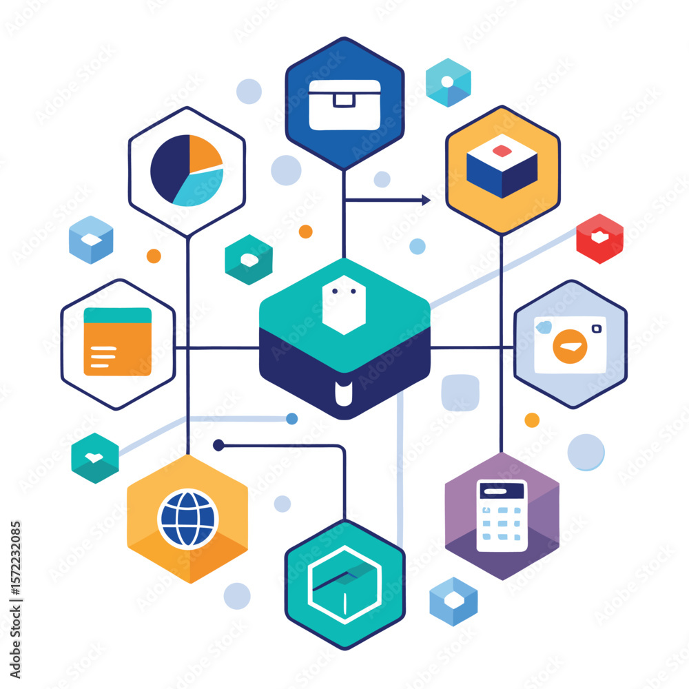 Poster abstract illustration of connected hexagonal shapes representing various business and data elements 