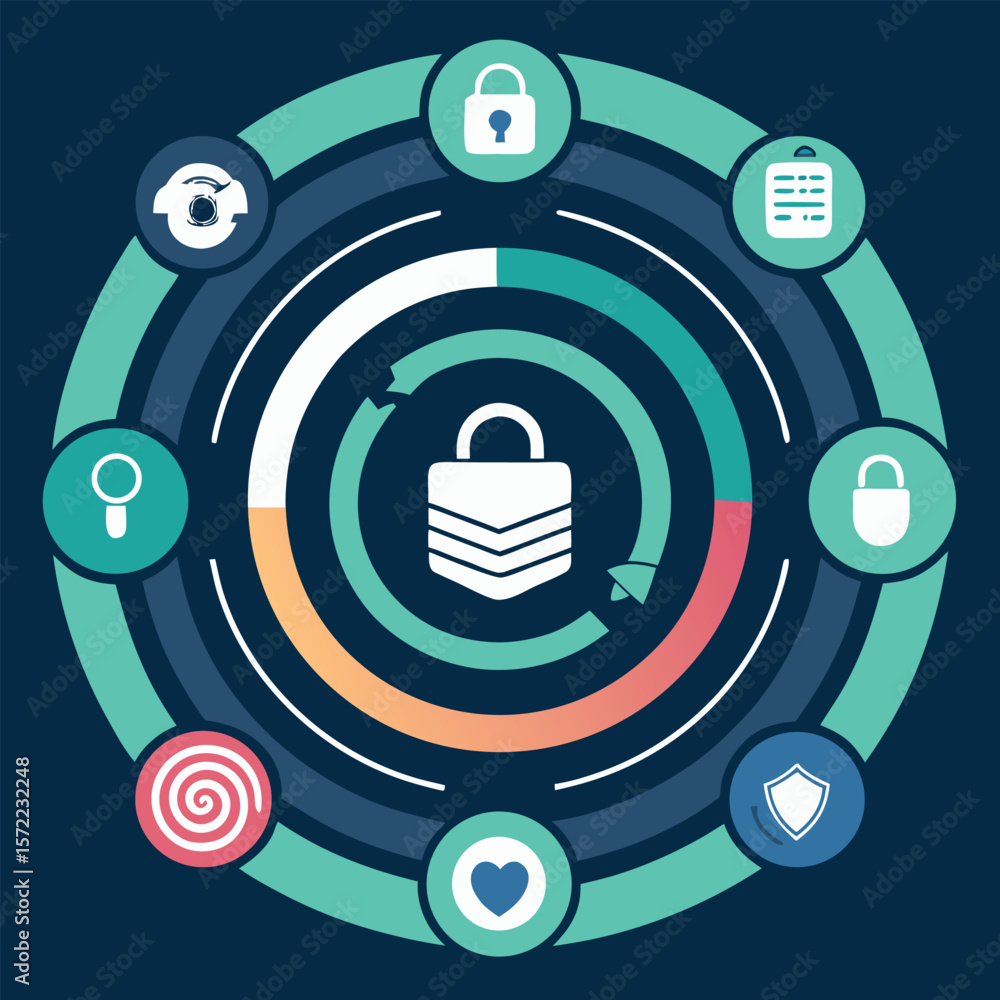 Poster abstract illustration showcasing data protection and security with a central padlock surrounded by r